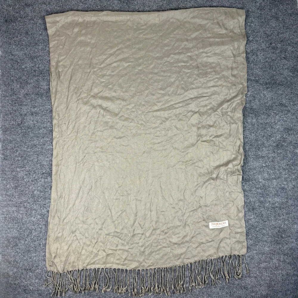 Pashmina Silk Scarf Taupe‎ Olive Fringe Trim Lightweight Wrap Shawl Large Scarf